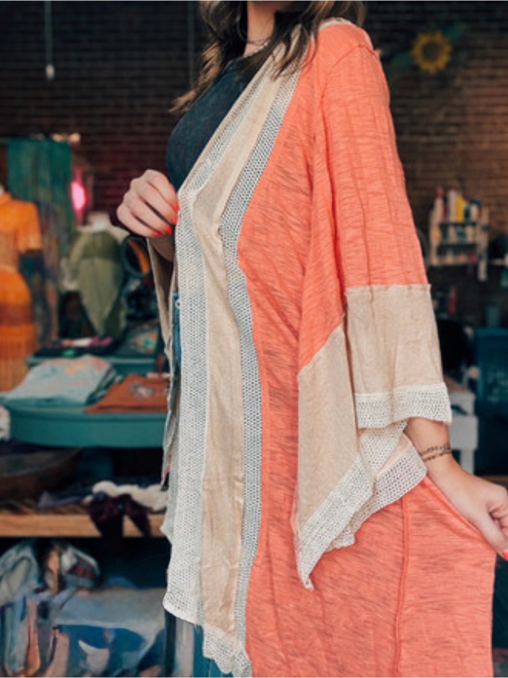 POL Coral and Cream Crochet-Trim Kimono